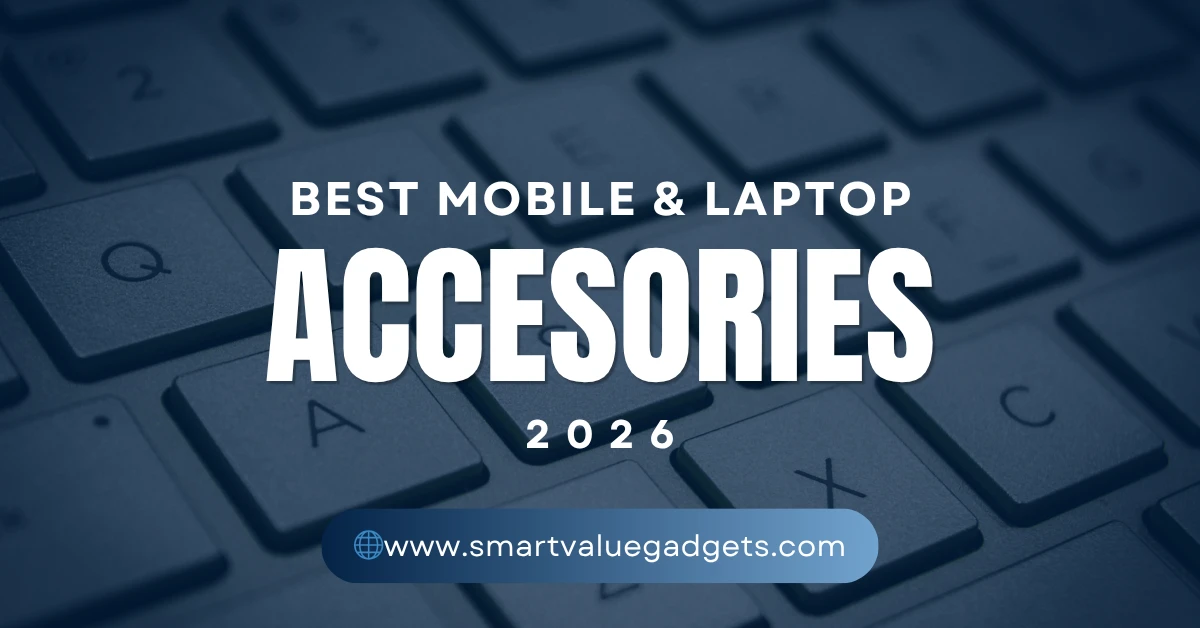 best mobile and laptop accessories 2026 on laptop keyboard background with bold typography